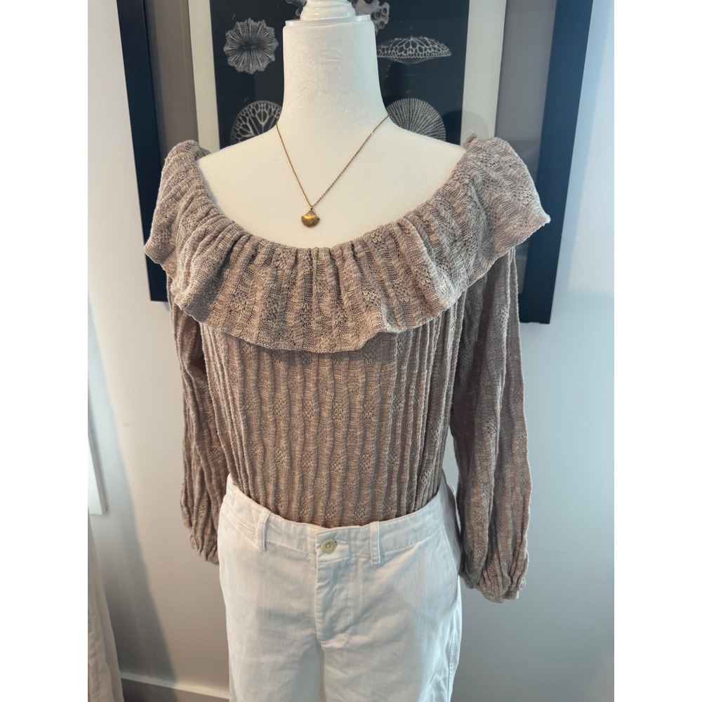 Easel Womens Tan Cotton Knit‎ Off The Shoulder Ruffle Long Sleeve Top Small